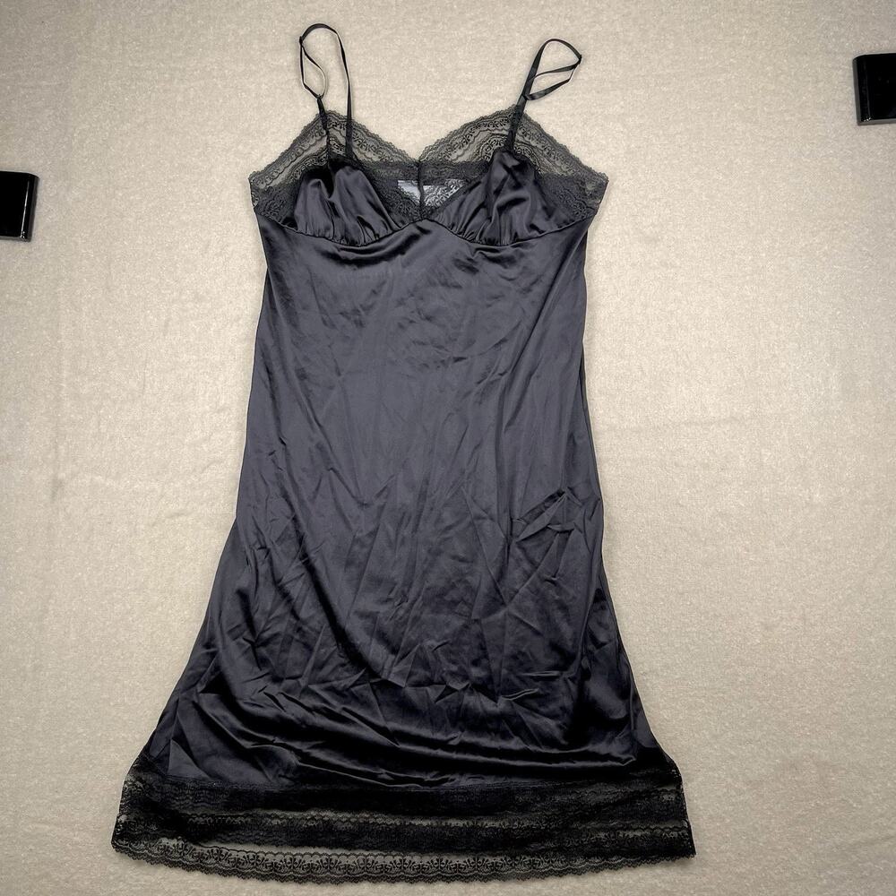 Blair Black Satin Lace Full Slip Boudoir Chemise Pin-up Witchy Lingerie 80s Lrg